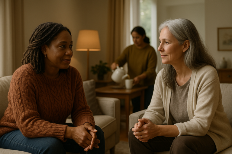 Two women sit on a sofa facing each other, talking warmly in a cozy living room; a third person pours tea in the background.