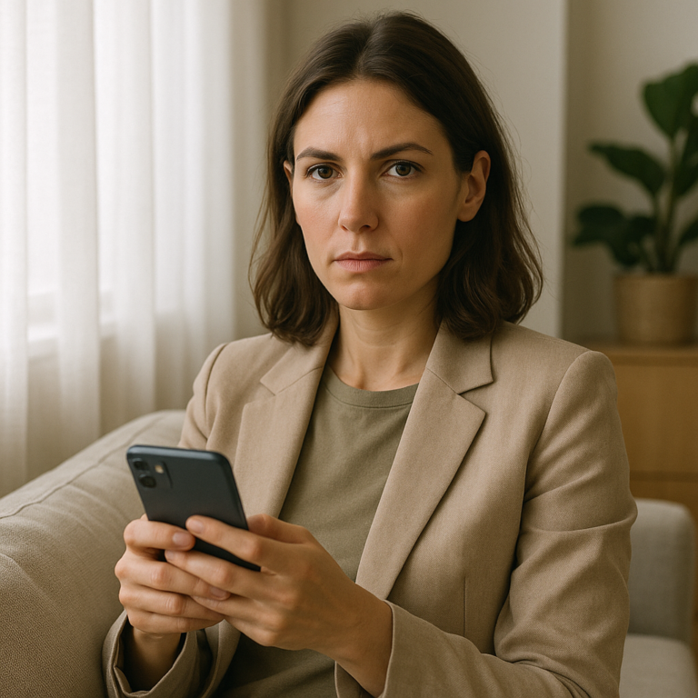 Woman in a beige blazer seated on a sofa, looking at her smartphone in her hands.
