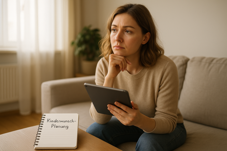 Thoughtful woman sits on a beige sofa, holding a tablet, with a notebook on the table reading 'Kinderwunsch-Planung'