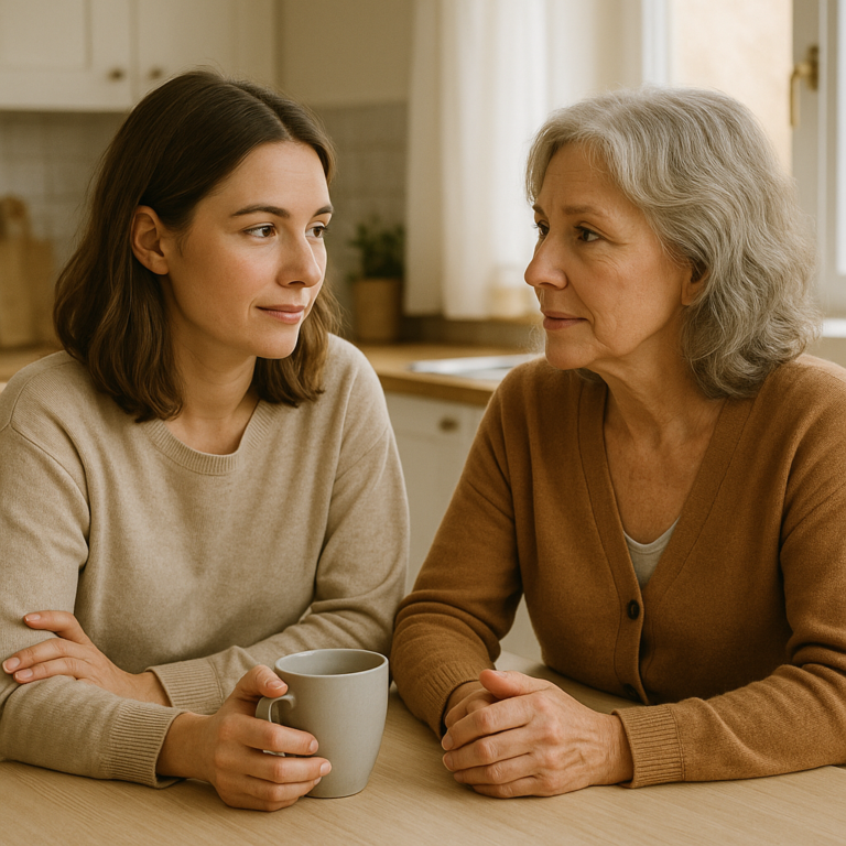 Two women of different ages sit at a kitchen table, chatting warmly; one holds a gray mug in front of them.