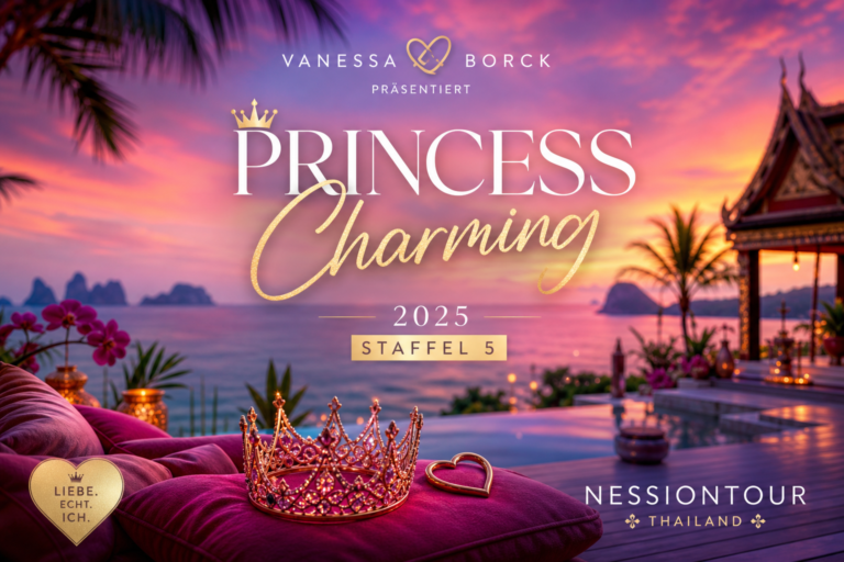 Poster for Princess Charming 2025 – Staffel 5 by Vanessa Borck, featuring a gold crown and gold-script 'Charming' over a tropical sunset by the sea.