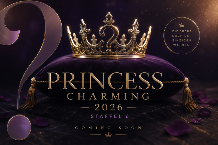 Gold crown atop a purple velvet cushion with the text 'PRINCESS CHARMING 2026 — STAFFEL 6 — COMING SOON' in gold typography.