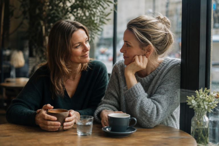 Two women sit at a wooden table in a cafe, smiling as they chat, each holding a mug. A glass of water sits between them.